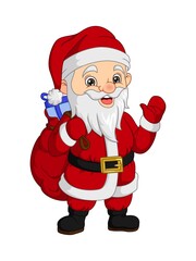 Cartoon santa claus with bag waving hand