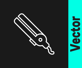 White line Curling iron for hair icon isolated on black background. Hair straightener icon. Vector
