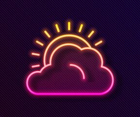 Obraz premium Glowing neon line Sun and cloud weather icon isolated on black background. Vector