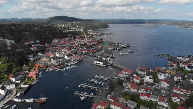High angle reveal of Kragero town, Telemark, Norway - touristic destination