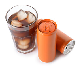 Cans and glass of cold soda on white background