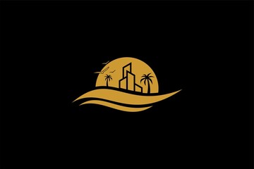 Beach vector logo design. Sunset sunrise illustration sign vector.