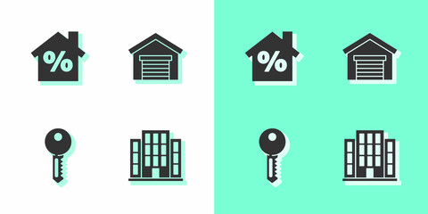 Set House, with percant discount, key and Garage icon. Vector