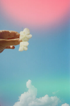 Holding Flowers in front of Cloud in a Blue Sky