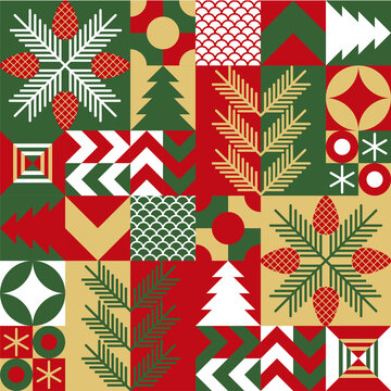Christmas abstract geometric mosaic background with holiday simple shapes elements. Christmas seamless pattern. Vector illustration, flat style. Texture, wrapping paper, branding, fabric, gift packag