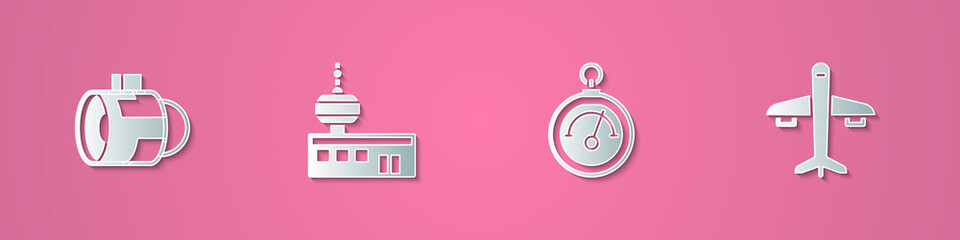 Set paper cut Jet engine turbine, Airport control tower, Barometer and Plane icon. Paper art style. Vector