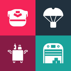 Set pop art Aircraft hangar, Trolley for food, Box flying on parachute and Pilot hat icon. Vector