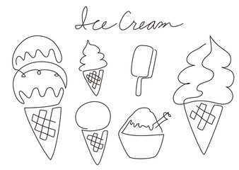 一筆書き　アイスクリームとソフトクリームとかき氷（白黒、モノクロ）
