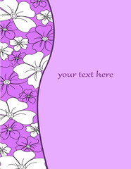 Postcard with floral pattern. White flowers border on purple background with place for text. For invitations, congratulations, celebrations. Vector illustration.