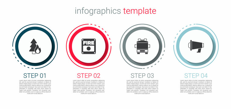 Set Burning forest tree, Fire alarm system, truck and Megaphone. Business infographic template. Vector