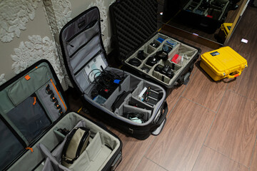 Close up of camera cases on floor