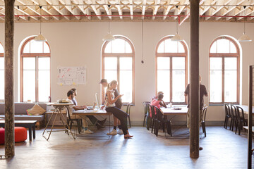 Casual business people talking in meeting in office
