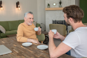 Two men sitting at the table, having tea and talking