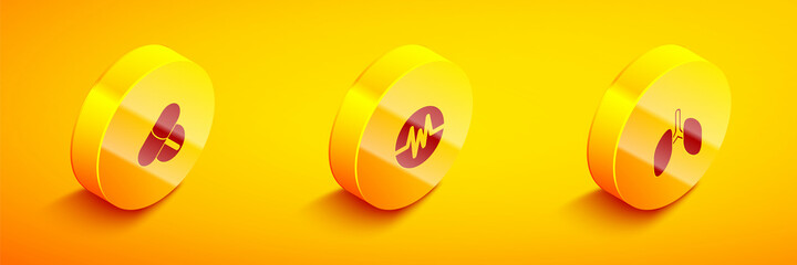 Set Isometric Medicine pill or tablet, Heart rate and Lungs icon. Vector