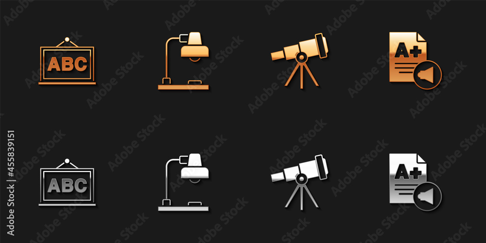 Canvas Prints set chalkboard, table lamp, telescope and exam sheet with a plus grade icon. vector