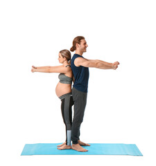 Young pregnant woman and her husband practicing yoga on white background