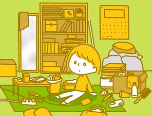 散らかった部屋で呆然と座る女性