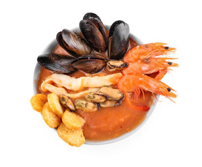 Bowl of tasty Cacciucco soup on white background