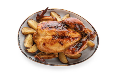 Plate with baked chicken and potato on white background