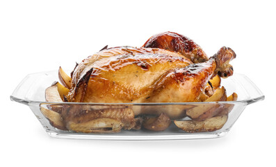 Baking dish with tasty chicken and potato on white background