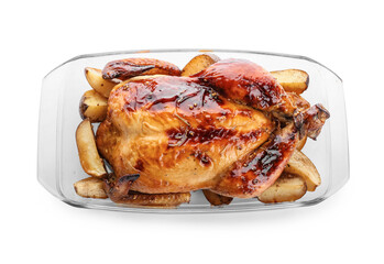 Baking dish with tasty chicken and potato on white background