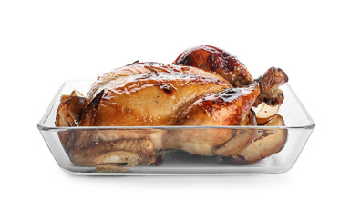 Baking dish with tasty chicken and potato on white background