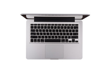Fototapeta na wymiar Top view of modern retina laptop with English keyboard isolated on white background. High quality.