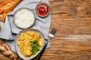 Composition with tasty chicken curry on wooden background