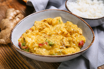 Bowl of tasty chicken curry on wooden background, closeup