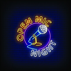 Open Mic Night Neon Signs Style Text Vector - obrazy, fototapety, plakaty