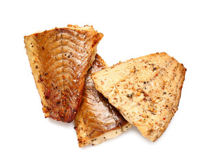 Tasty baked cod fillet on white background