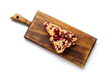Board with piece of tasty cherry pie on white background