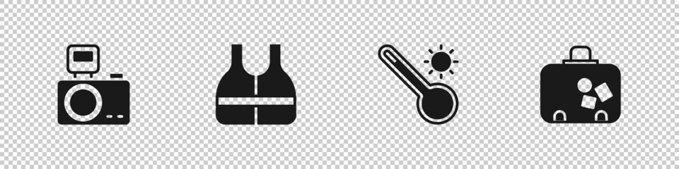 Set Photo camera with flash, Life jacket, Meteorology thermometer and Suitcase icon. Vector