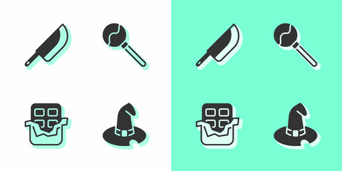 Set Witch hat, Knife, Chocolate bar and Lollipop icon. Vector