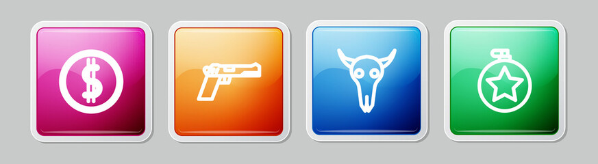 Set line Coin money with dollar, Pistol or gun, Buffalo skull and Canteen water bottle. Colorful square button. Vector