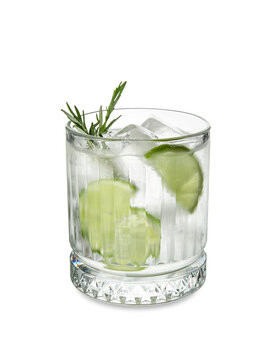 Glass of cold gin and tonic on white background