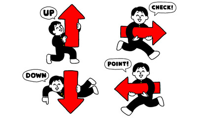 上下左右の矢印を持つ学ラン姿で笑顔の男子学生イラストセット文字付