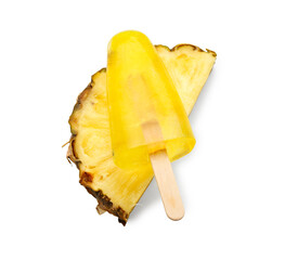 Tasty pineapple popsicle on white background