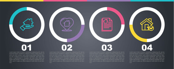 Set line Realtor, House with heart shape, contract and check mark. Business infographic template. Vector