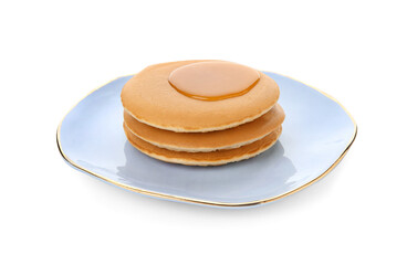 Plate of tasty pancakes with honey on white background