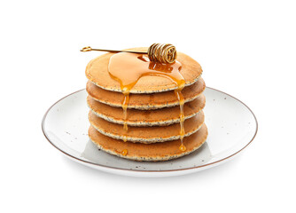 Plate of tasty pancakes with honey on white background