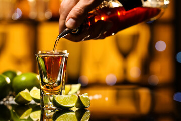 Bartender pouring tasty tequila into glass at table in bar