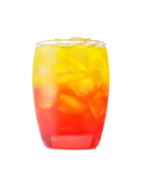 Glass of tasty Tequila Sunrise cocktail on white background