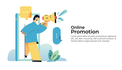 people character shout megaphone. social media marketing and referral a friend business partnership for web landing page, print media. affiliate marketing and online promotion strategy illustration
