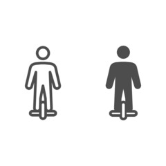 Man rides monowheel line and solid icon, electric transport concept, person on unicycle vector sign on white background, outline style icon for mobile concept and web design. Vector graphics. © sabuhinovruzov