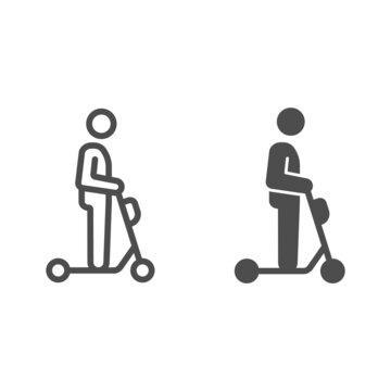 Man On Electric Scooter Line And Solid Icon, Electric Transport Concept, Kick Scooter Ride Vector Sign On White Background, Outline Style Icon For Mobile Concept And Web Design. Vector Graphics.