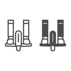 Legs on unicycle line and solid icon, electric transport concept, feet on monowheel vector sign on white background, outline style icon for mobile concept and web design. Vector graphics. © sabuhinovruzov