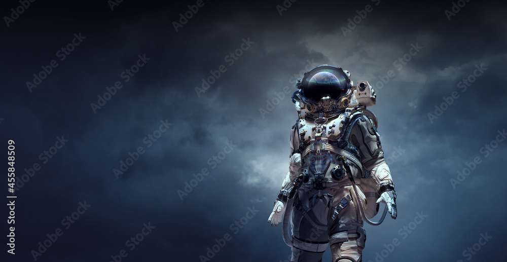 Poster astronaut walking on an unexplored planet