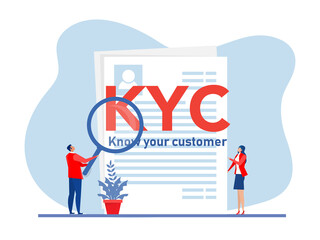 KYC or know your customer with business verifying the identity of its clients concept at the partners-to-be through a magnifying glass vector illustrator