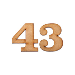 Number 43 in wood, isolated on white background - obrazy, fototapety, plakaty